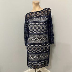 Navy Blue Lacy Shift Dress Hugs Body to show off Curves